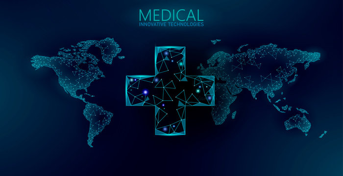 Worldwide Medicine Drugstore Delivery. Global Shipping Pharmacy Service Mobile App. Modern Healthcare Technology World Map. Low Poly Abstract Background Vector