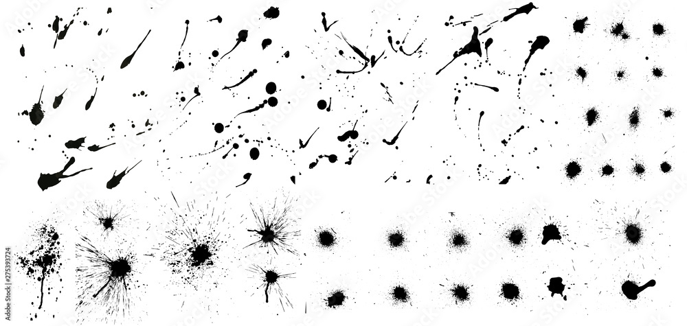 Poster Nice сollection of ink splashes blots splatter. Set grunge design element and art messy backdrop. High quality manually traced. Color dirty liquid. Black ink blow explosion. Vector grunge set