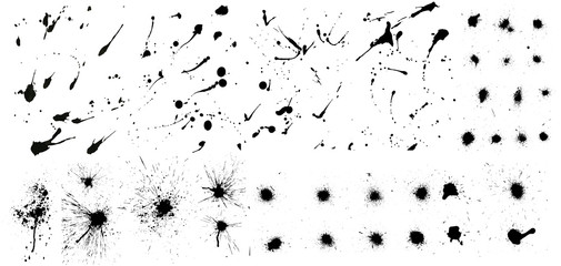 Nice сollection of ink splashes blots splatter. Set grunge design element and art messy backdrop. High quality manually traced. Color dirty liquid. Black ink blow explosion. Vector grunge set - obrazy, fototapety, plakaty