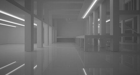 Abstract architectural white interior of a minimalist house with neon lighting. 3D illustration and rendering.