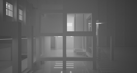 Abstract architectural white interior of a minimalist house with neon lighting. 3D illustration and rendering.