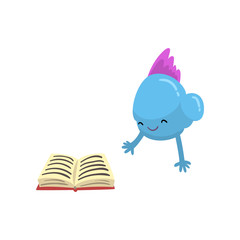 Cute Purple Freaky Monster with Book, Funny Colorful Fish Monster Cartoon Character Vector Illustration