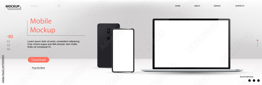 Aufkleber Laptop and smartphone with blank screen. Vector template web page. 3D realistic mockups. View directly from gadgets and web page interface. 3D realistic devices. Vector