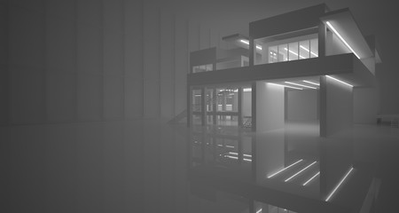 Abstract architectural white interior of a minimalist house with neon lighting. 3D illustration and rendering.