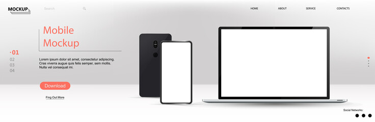 Laptop and smartphone with blank screen. Vector template web page. 3D realistic mockups. View directly from gadgets and web page interface. 3D realistic devices. Vector