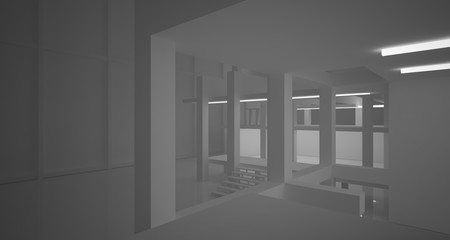 Abstract architectural white interior of a minimalist house with neon lighting. 3D illustration and rendering.