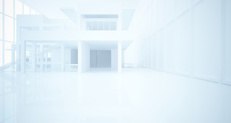 Abstract architectural white interior of a minimalist house with large windows. 3D illustration and rendering.