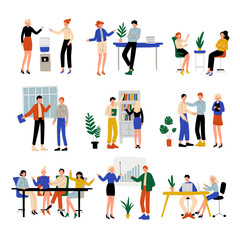 Fototapeta na wymiar Business People Working in Office Set, Colleagues Working Together, Communication Between Coworkers, Friendly Environment, Corporate Culture Vector Illustration