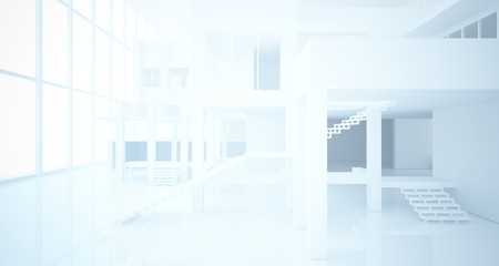 Fototapeta premium Abstract architectural white interior of a minimalist house with large windows. 3D illustration and rendering.