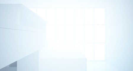 Abstract architectural white interior of a minimalist house with large windows. 3D illustration and rendering.