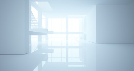 Abstract architectural white interior of a minimalist house with large windows. 3D illustration and rendering.