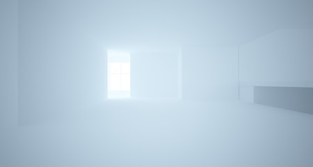 Abstract architectural white interior of a minimalist house with large windows. 3D illustration and rendering.