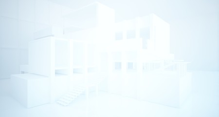 Abstract architectural white interior of a minimalist house with large windows. 3D illustration and rendering.