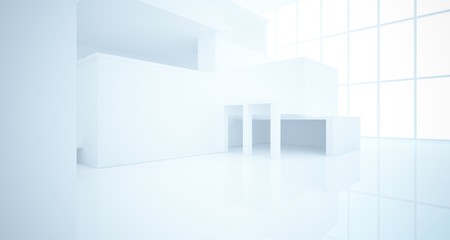 Abstract architectural white interior of a minimalist house with large windows. 3D illustration and rendering.