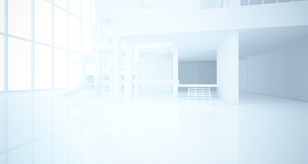 Abstract architectural white interior of a minimalist house with large windows. 3D illustration and rendering.