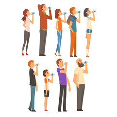 Obraz premium People Drinking Water from Plastic Bottles Set, Men, Women and Children Enjoying Drinking of Fresh Clean Water Vector Illustration