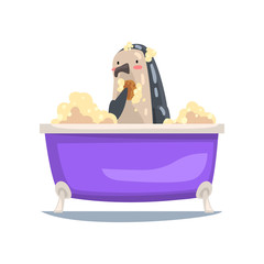 Funny Penguin Taking Bath and Washing with Washcloth, Funny Animal Cartoon Character Relaxing in Bathtub Full of Foam Vector Illustration