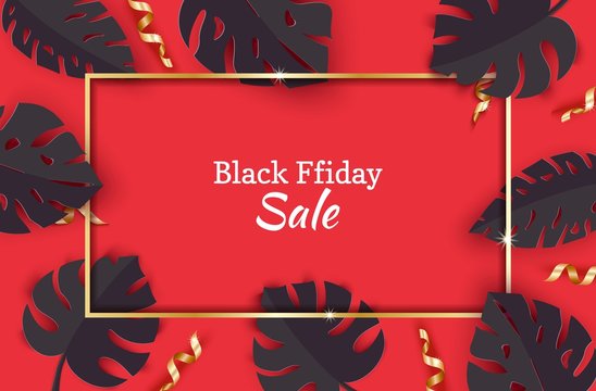 Black Summer Tropical Leaves And Gold Serpentine In Paper Cut Style. Craft Jungle Plants Collection On Red Background With Frame And Confetti. Vector Card Illustration Black Friday Promotion Design