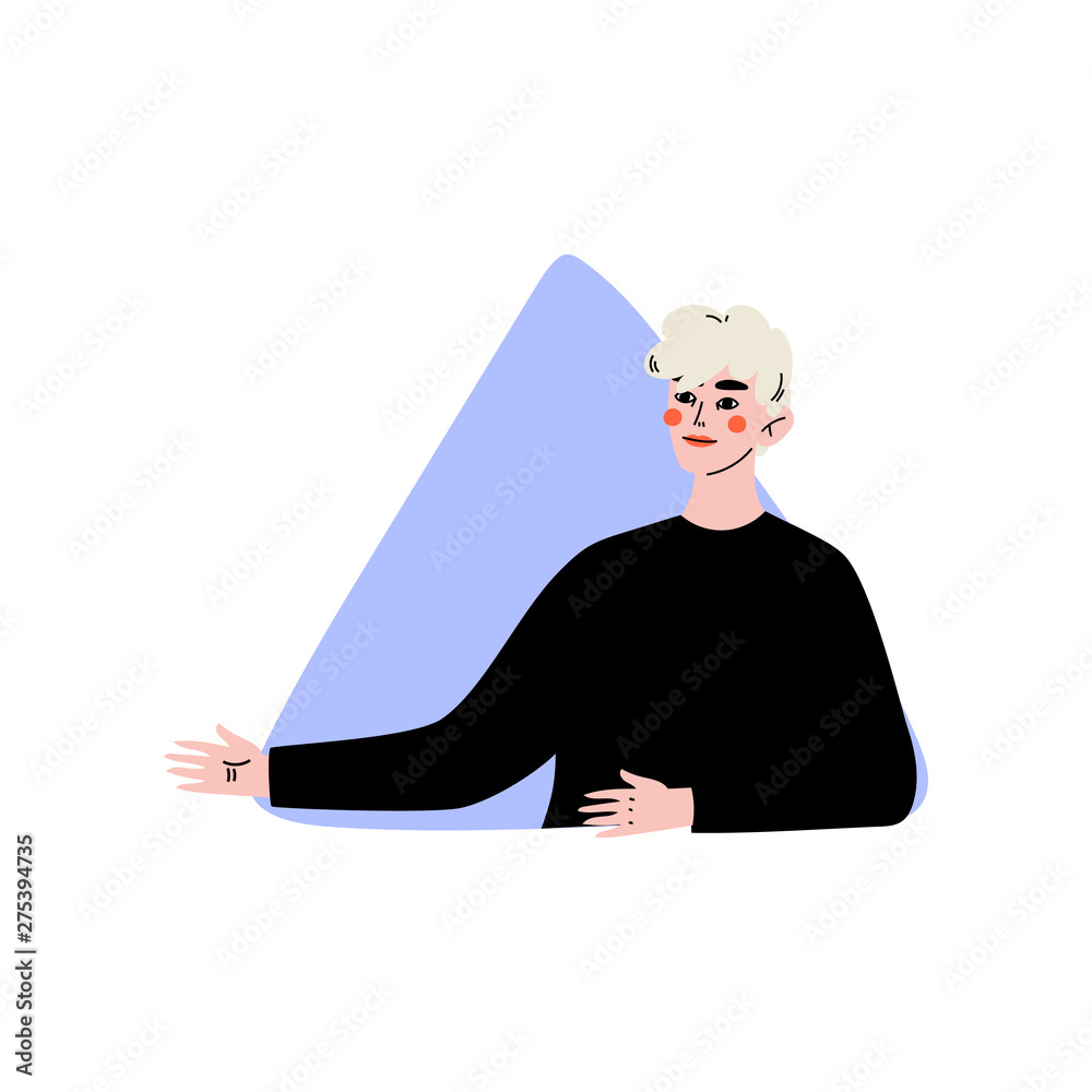 Sticker young man looking out of triangular window vector illustration