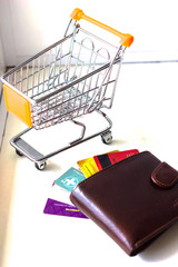 Wallet with money for shopping and shopping next to the basket. Leather expensive wallet