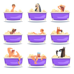 People and Animals Taking Bath, Funny Horse, Dog, Penguin, Men, Woman and Boy Washing and Relaxing in Bathtub Full of Foam Vector Illustration