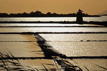 evocative image of the natural reserve of the Stagnone or natural reserve of the Saline dello Stagnone near Marsala and Trapani, Sicily, Italy