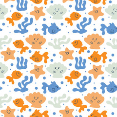 Obraz na płótnie Canvas Vector Underwater world. Doodle seamless background with fish, seashells, starfish, underwater plants. Kawaii characters. Bright color. On white background.