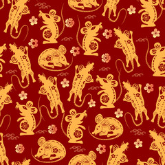 Fototapeta na wymiar Chinese lunar new year background. Rat - symbol 2020 New Year. Cloud, rat, sakura. Vector illustration for wrapping, poster, greeting cards, wallpaper.