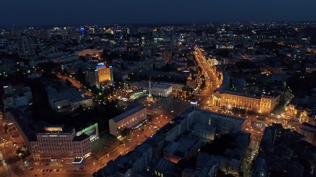 Aerial view. Independence Square. Flying above city center. Kyiv, Ukraine. 4K