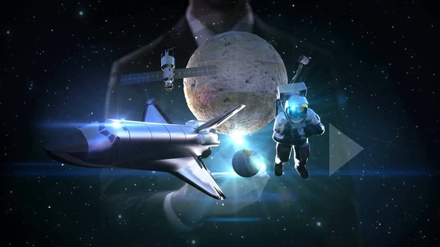 Businessman slide touch smartphone, spread space science, astronaut, ship, planet. 4k animation.