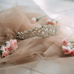 Tiara with flowers on gentle background. Lovely girl accessories. Little princess. © Tanya Trink