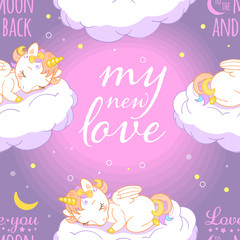 Seamless pattern with cute little sleeping baby unicorns, clouds and typography insignia. For baby and kids design templates.