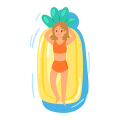 People on inflatable mattress vector party girl character in swimsuit on floating inflatable mattress in swimming-pool illustration woman in pool or sea isolated on background