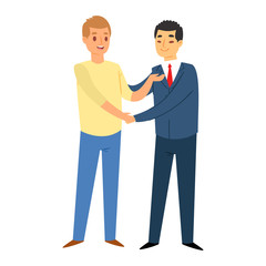 Businessman or saleman handshake meeting business partner client cartoon character vector illustration. Meeting handshake team agreement and meeting handshake corporate success contract.