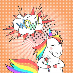 Cartoon unicorn and speech bubble with text WOW! Poster, greeting card or invitation in comic style.