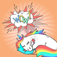 Cartoon sleeping unicorn and speech bubble with text WOW! Poster, greeting card or invitation in comic style.