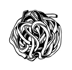 Fototapeta premium Pasta. Fettuccine, tagliatelle. Ink hand drawing. Black and white. Food, vegetables and fruit isolated on white background. Book illustration, recipe, menu, magazine or journal article.