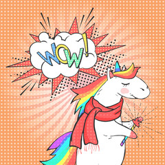 Cartoon unicorn and speech bubble with text WOW! Poster, greeting card or invitation in comic style.