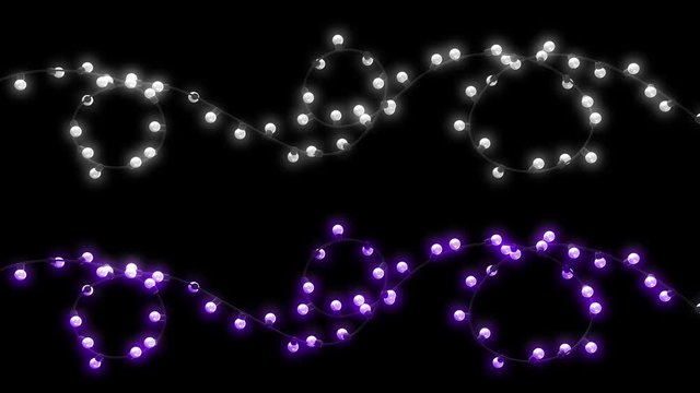 Realistic garlands, festive decorations. Glowing and blinking christmas lights isolated on black background with alpha channel. Colorful 3d animation.