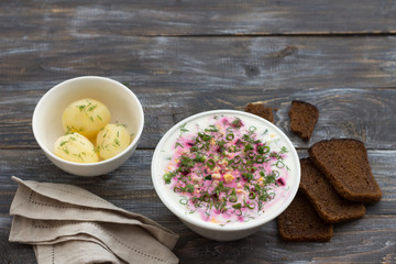 Beetroot soup, svekolnik, holodnik, on kefir, with cucumber, boiled eggs and greens on a wooden table