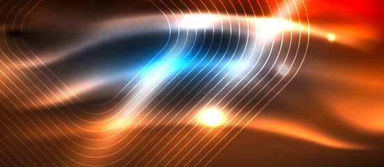Neon glowing techno lines, hi-tech futuristic abstract background template with square shapes