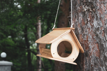 wooden bird feeder in the Park, matte tinting and vignetting