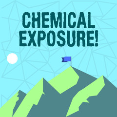 Writing note showing Chemical Exposure. Business concept for Touching, breathing, eating or drinking harmful chemicals Mountains with Shadow Indicating Time of Day and Flag Banner