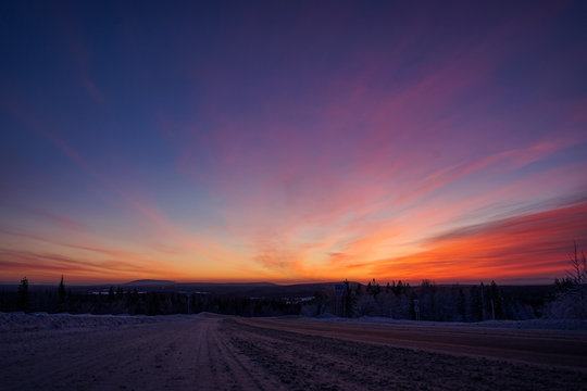 Sunset in cold region on the edge of universe on the souh