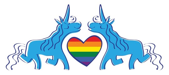 two blue unicorns with a heart-pride flag LGBT in the middle