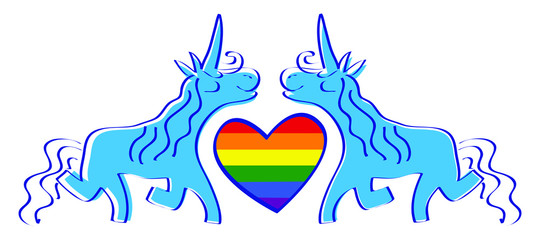 two blue unicorns with a heart-pride flag LGBT in the middle