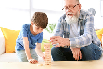 Cute little boy playing with grandfather at home
