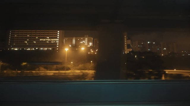 Wide shot from a moving train window at night - Hong Kong