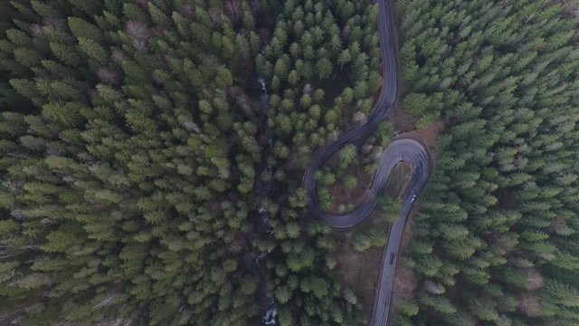 Drone view of winding forest road in the middle of Bicaz Gorge, Transylvania