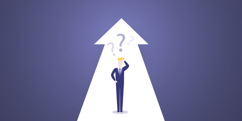 Choice, Way, Direction Design Concept - Decisions, Businessman Choosing, Deciding the Next Step - Man Standing in Front of an Arrow, Vector Illustration